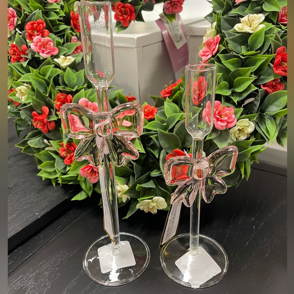 Pink Bow Ribbon Coquette Glass Taper Candle Holders Set of 2 Sizes NWT Valentine